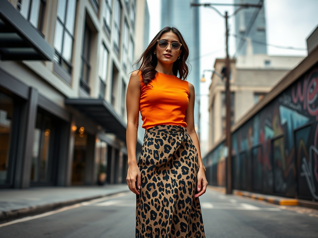 O femeie îmbrăcată într-un top portocaliu și o fustă cu model de leopard, pozând pe o stradă urbană.