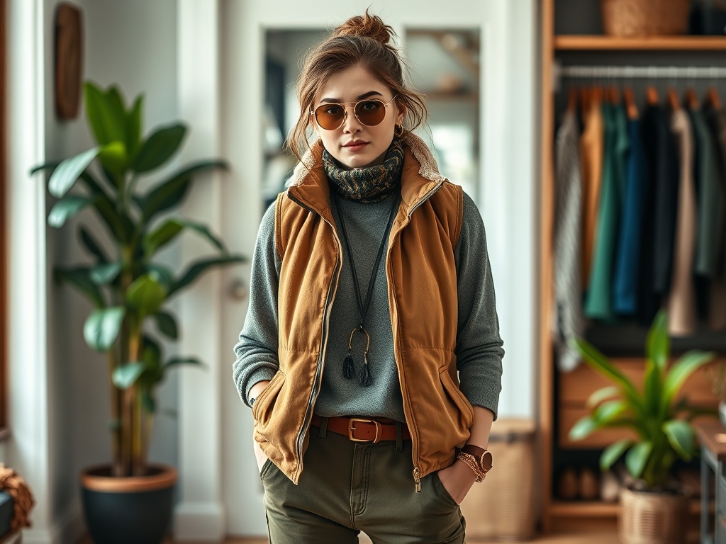 O tânără îmbrăcată într-o vestă bej, pulover verde, cu ochelari de soare, pozând într-un interior confortabil.