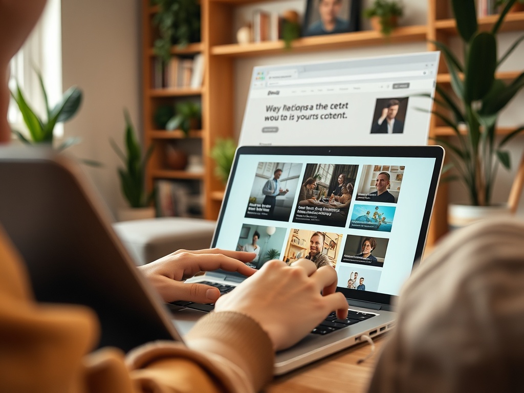 O persoană folosește un laptop pentru a naviga pe un site, înconjurată de plante și cărți.