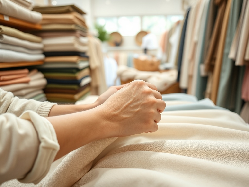 Mâini care țin un material într-un magazin de textile, cu stive de țesături colorate în fundal.