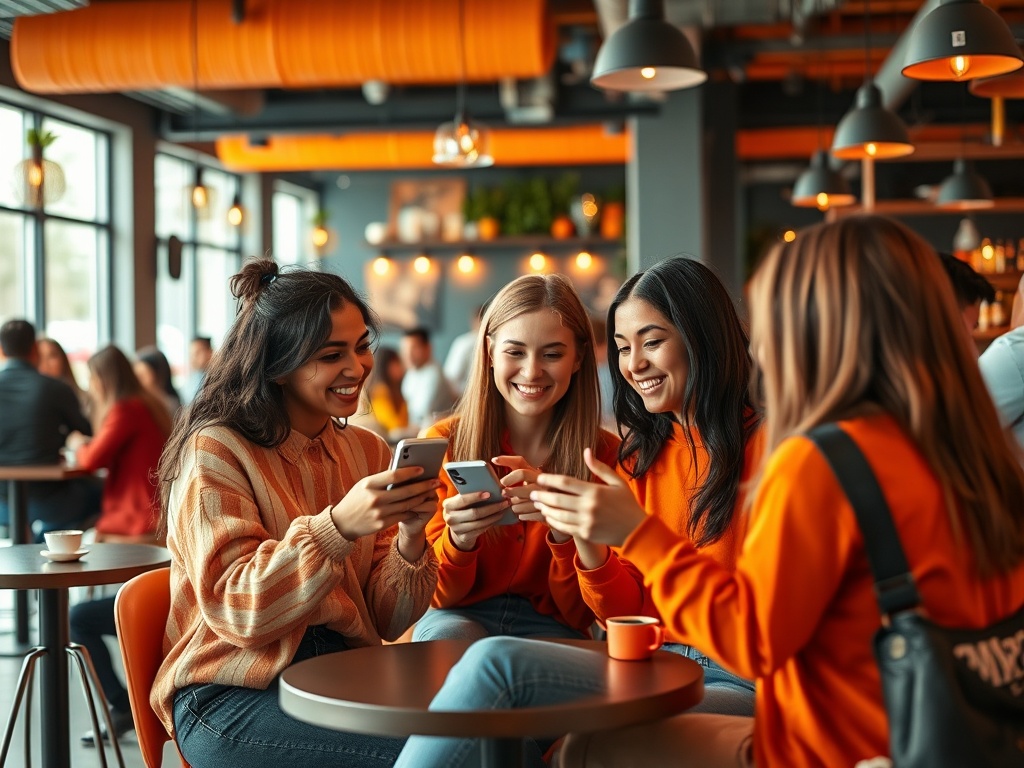 Patru prietene zâmbesc și folosesc telefoanele mobile într-o cafenea modernă și confortabilă.
