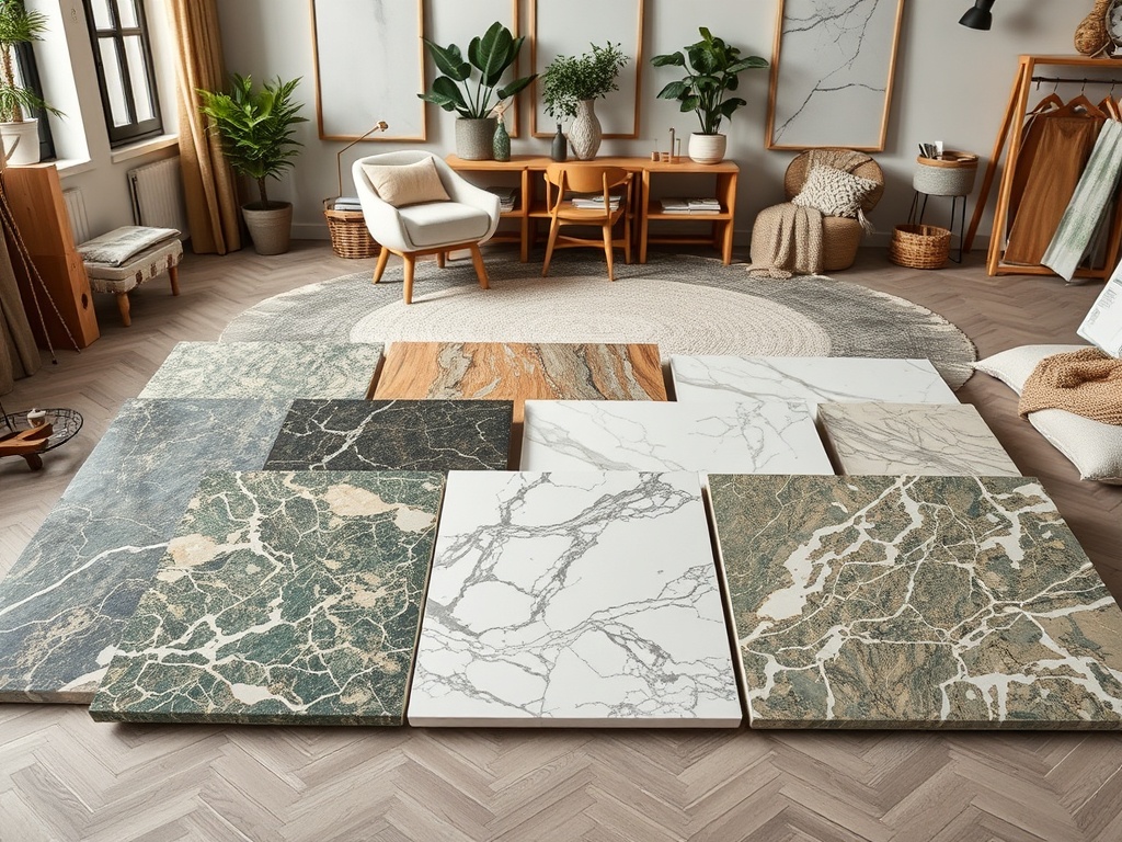 Piese de marmură variate aranjate în interior, cu plante și mobilier modern în fundal.